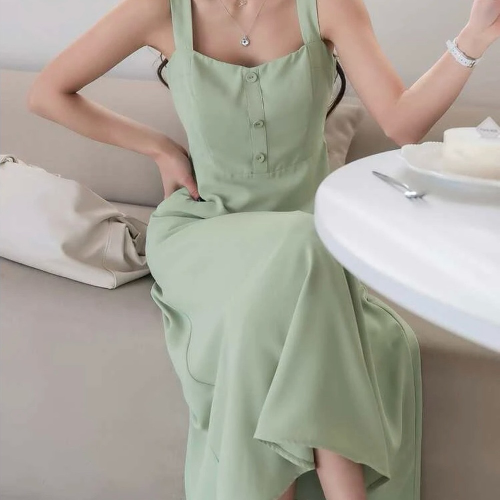 Sage Green Sleeveless Buttoned Midi A-line Lightweight Chiffon Cami Dress
